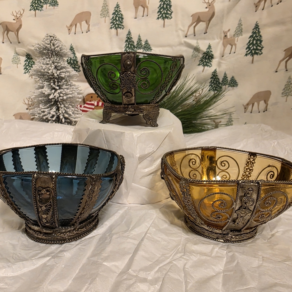 3 Vintage Glass and Filigree Decorative Bowls